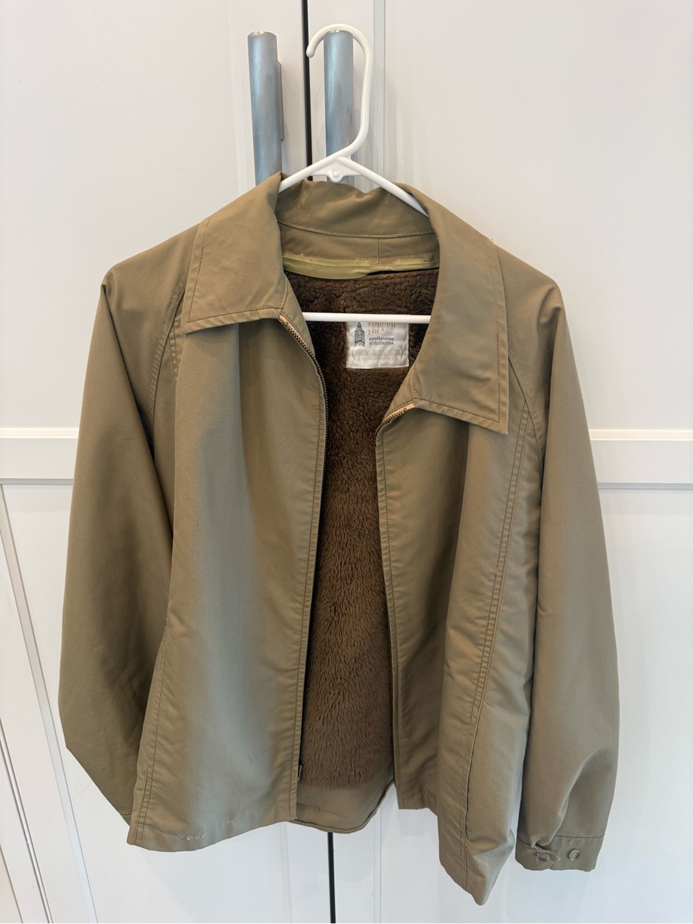 Vintage Khaki London Fog Grandpa Zip Jacket with Brown Sherpa Lining
